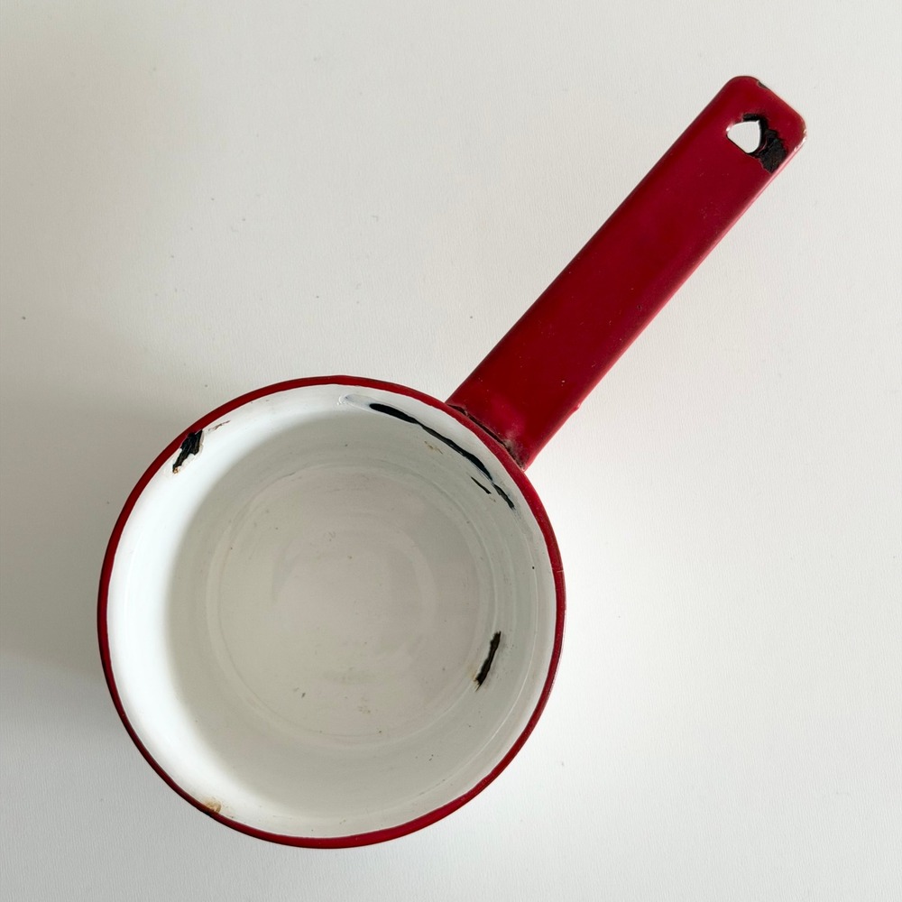 Vintage Mid-Century Enamelware Sauce Pot Red/White 5" Farmhouse Rustic Old World